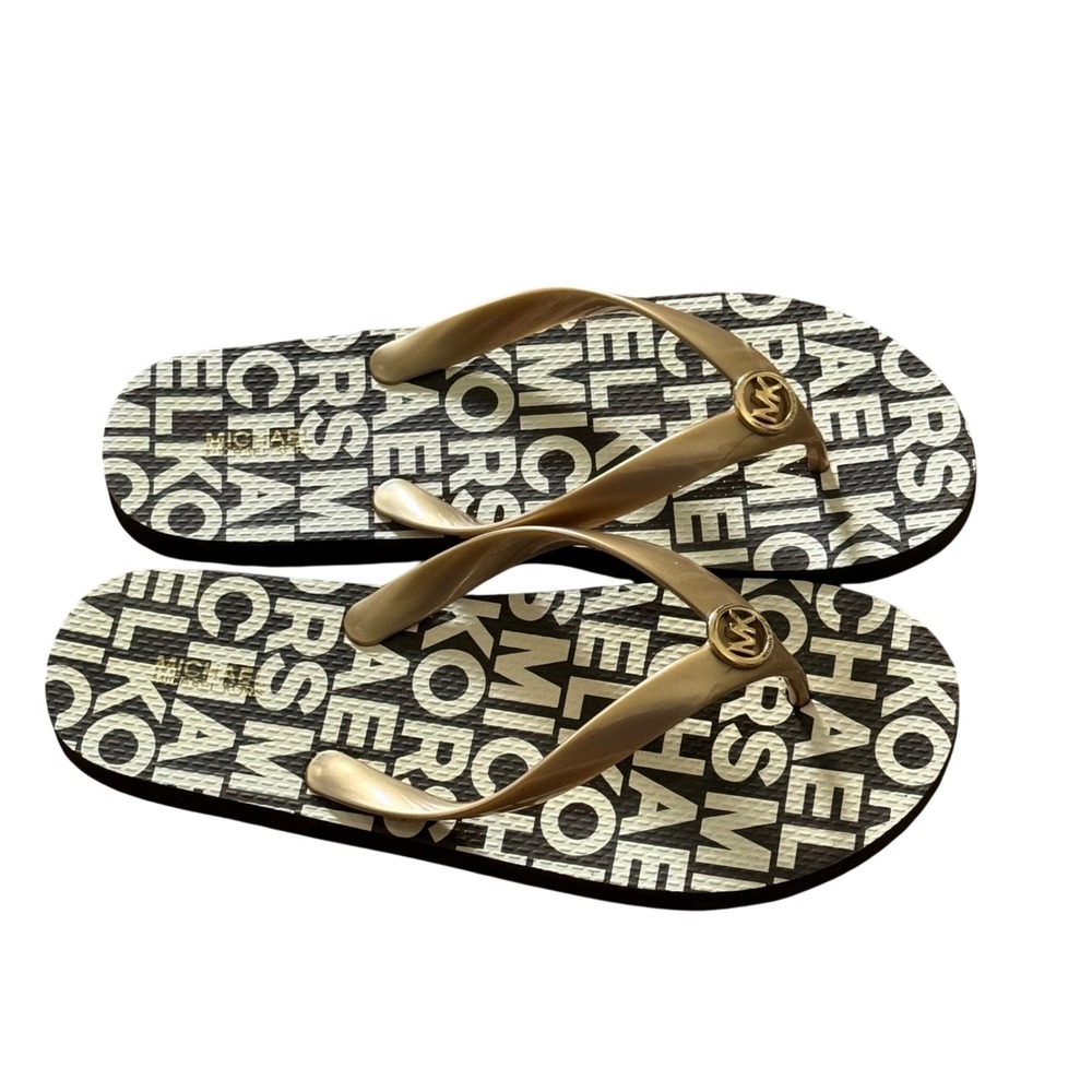 Michael Kors Women Black White Logo Print Flip Flop Sandals Gold Straps 9M LG20A